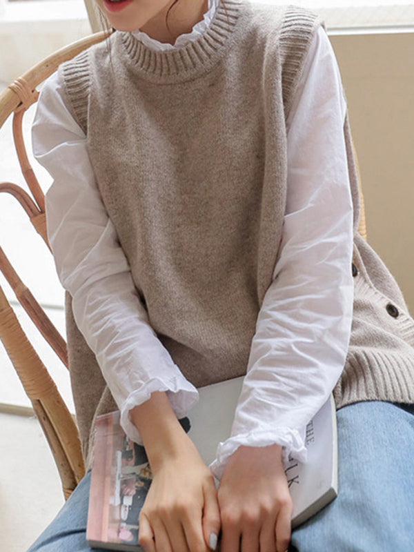 Simple Sleeveless Loose Buttoned Color Round-neck Sweater Vest Outerwear