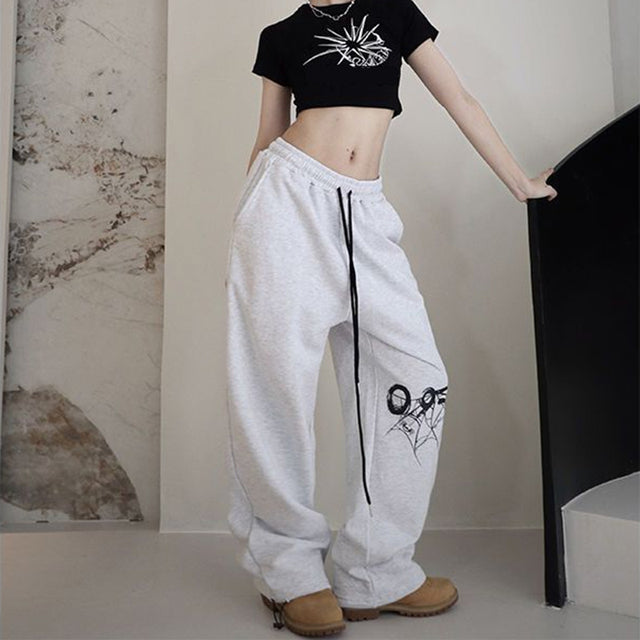 High Street Drawstring Loose Versatile Pants Jazz Dance Hiphop Print High Waist Sweatpants ’s Street Trousers