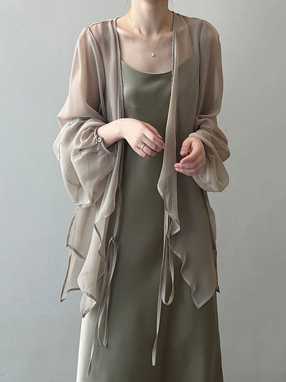 Bishop Sleeve Long Sleeves See-through Split-joint Tied Collarless Blouses&shirts Tops