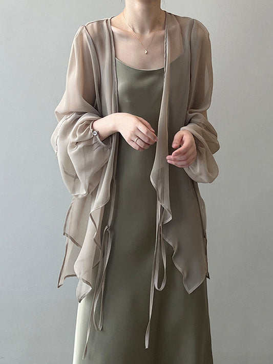 Bishop Sleeve Long Sleeves See-through Split-joint Tied Collarless Blouses&shirts Tops