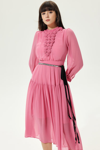 Lantern Sleeve Crew Collar Three-dimensional Flower Tapered Waist Midi Dress Pink