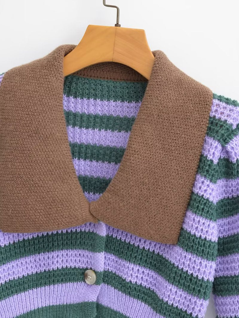 Stripe Contrast Color Lapels Knitted Cardigan – ’s Loose Short Top