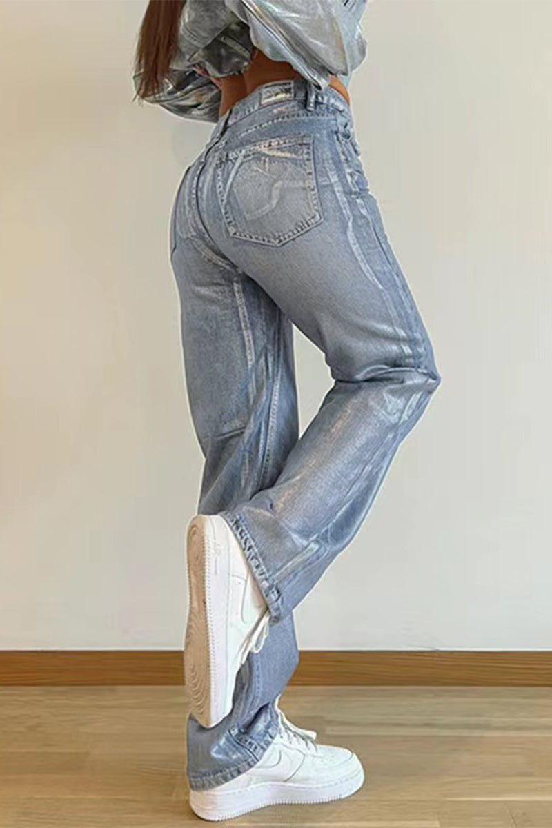 Street Bronzing Contrast High Waist Loose Denim Jeans