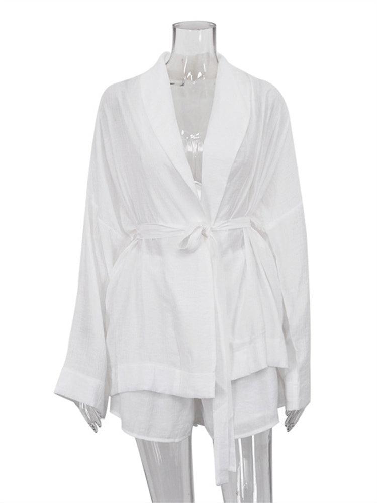 Tossy White Lace-up 2 Piece-set Shorts for Loose Bandage Cardigan Coat and High Waist Shorts Sets Female Outfits