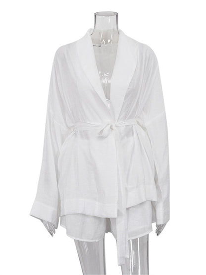 Tossy White Lace-up 2 Piece-set Shorts for Loose Bandage Cardigan Coat and High Waist Shorts Sets Female Outfits