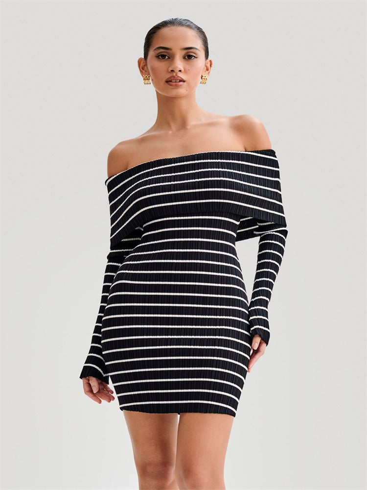 Tossy Striped Knit Sweater Mini Dress for Bandeau Backless Summer Contrast Party Dress Knitwear Mini Dress