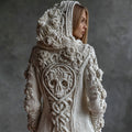 Vintage White Roses Viking Celtic Skull Hooded Cozy Knit Cardigan artswardrobe