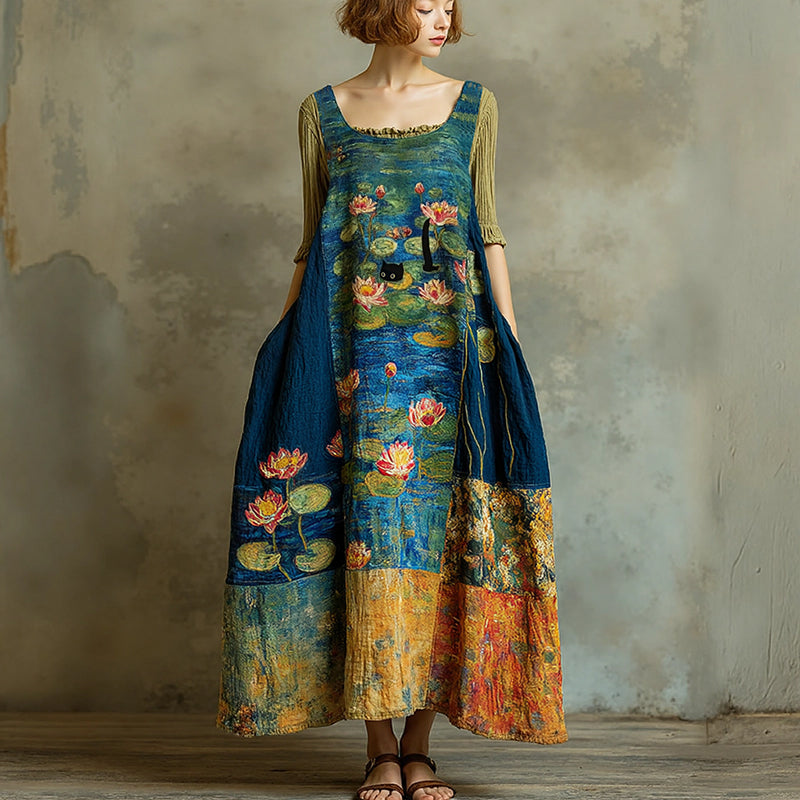 Women's Vintage Oil Painting Water Lily And Black Cat Art Print Sleeveless Midi Dress artswardrobe