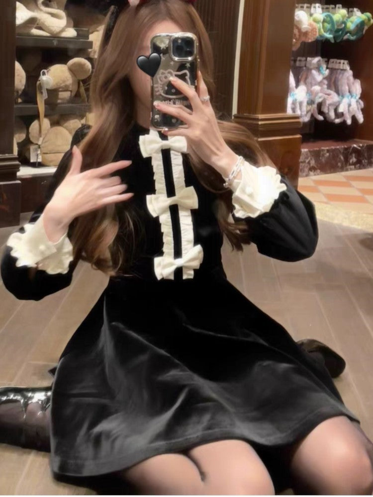 Patchwork Velet Mini Dress Bow Long Sleeves O-neck A-line Autumn French Evening Party Vestidos Mujer New