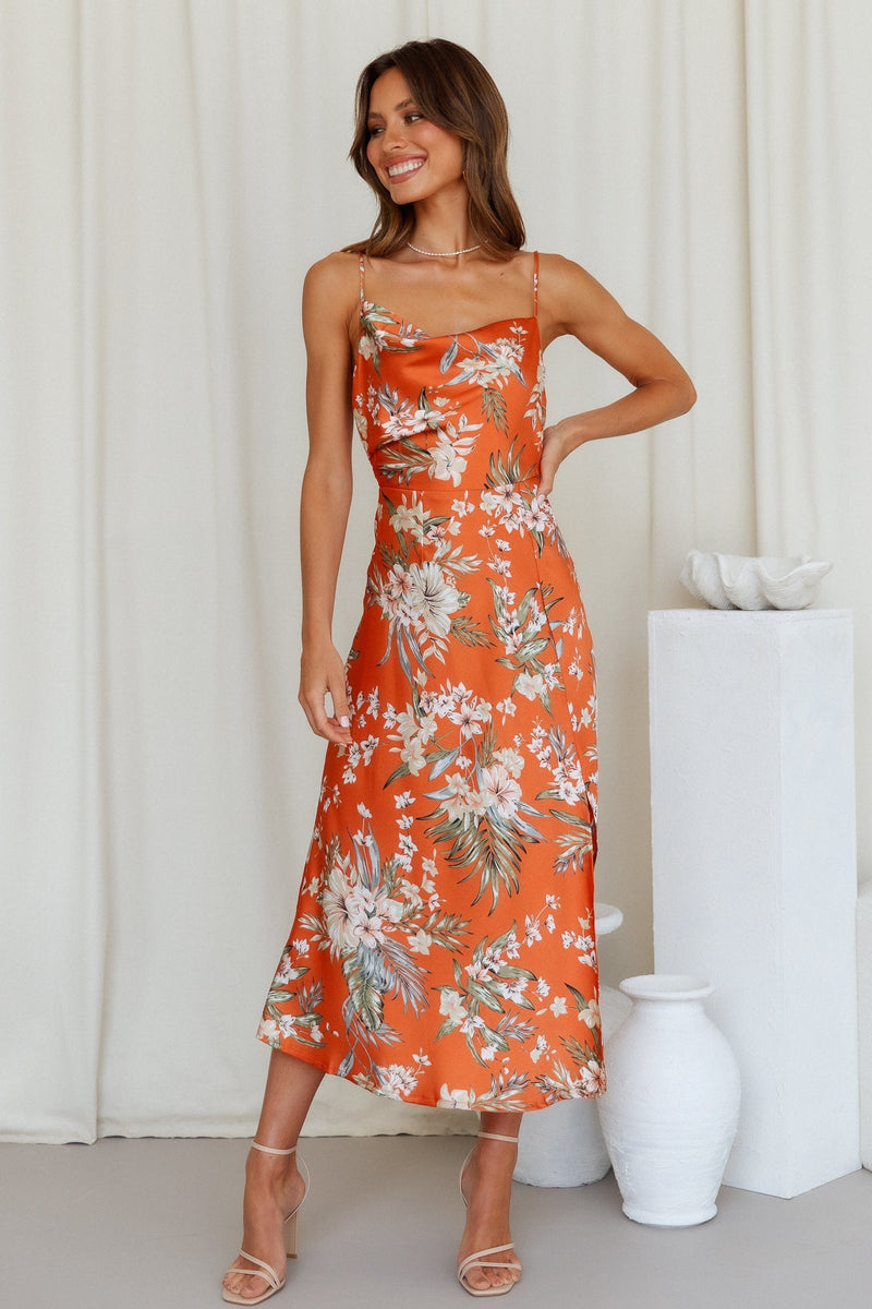 Printed Cami Slit Midi Dress Orange