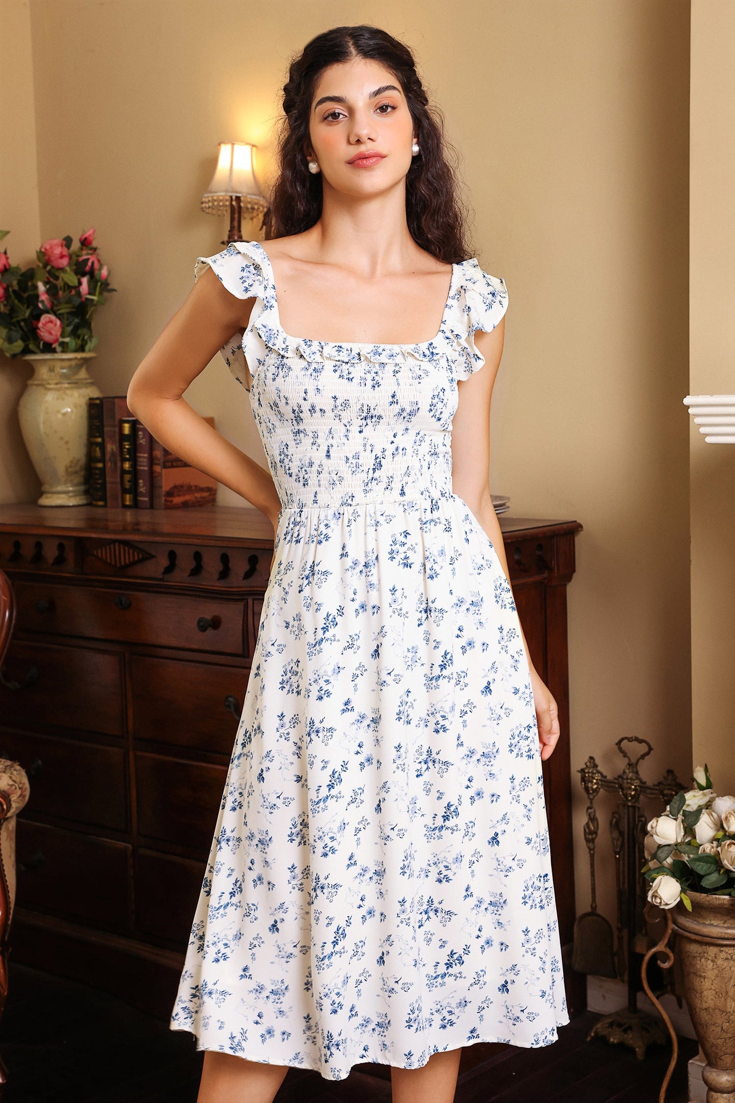 Smocked Elastic Ruffle Hem Midi Dress