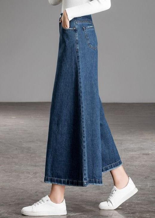 Blue High Waist Pockets Wide Leg Fall Denim Pants