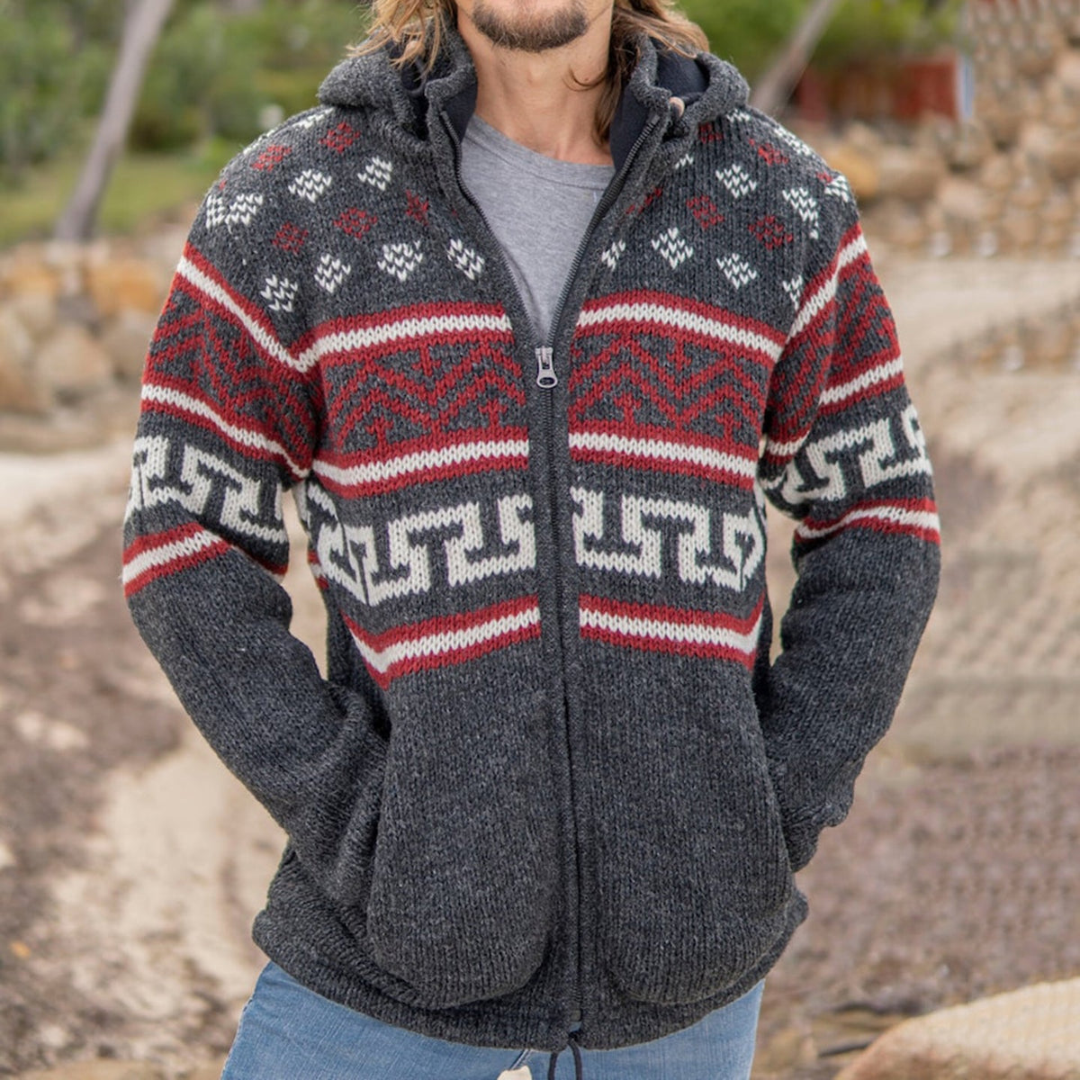 Mens Vintage Fair Isle Polar Bear Knitted Hooded Cardigan elevenforest