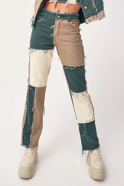 Color Block Patch Contrast Mid Waist Regular Denim Jeans(6 Colors)