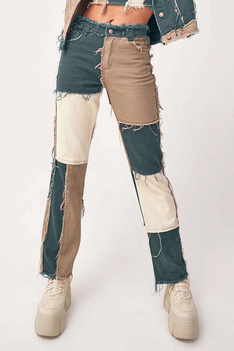 Color Block Patch Contrast Mid Waist Regular Denim Jeans(6 Colors)