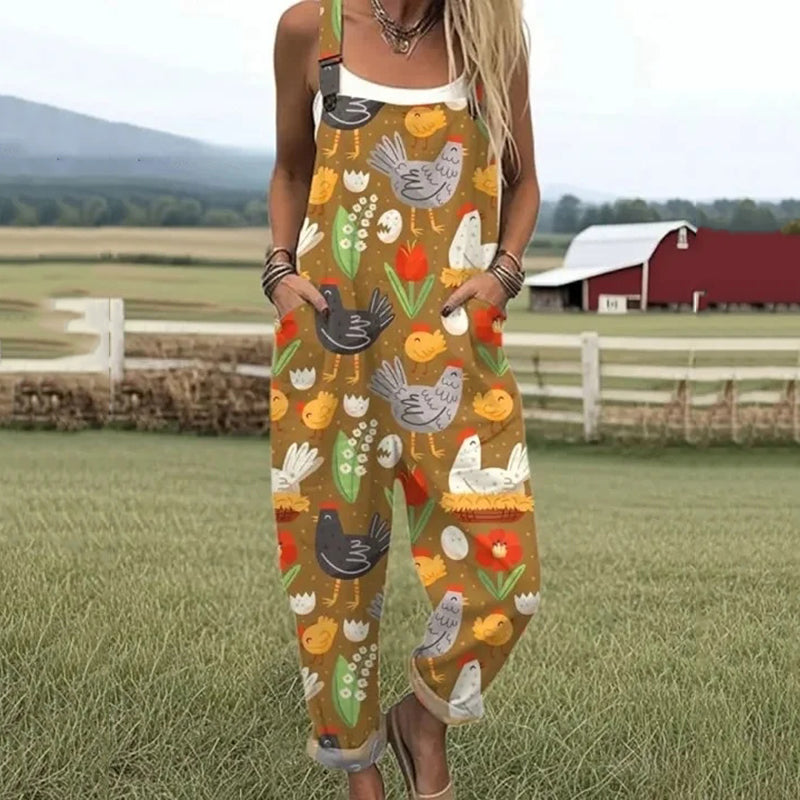 Women's Vintage Farm Chicken Print Casual Jumpsuit artswardrobe