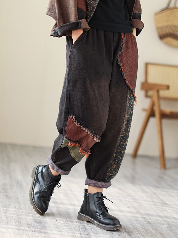 Contrast Color Fringed Split-joint Long Sleeves Printed Outwear + Harem Pants Two Pieces Set