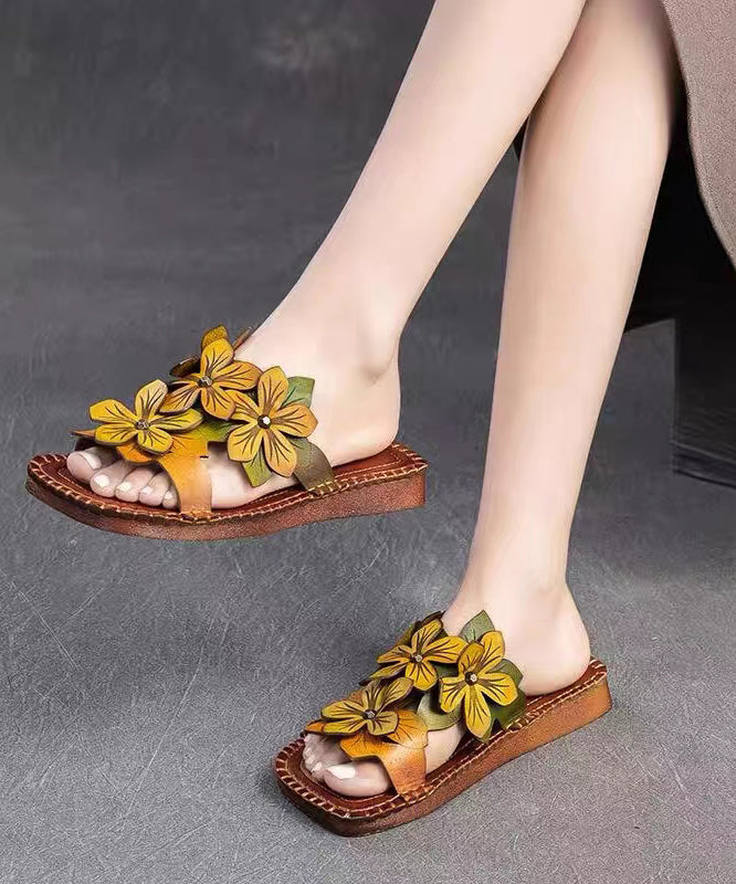Handmade Cowhide Leather Yellow Green Slide Sandals Oi025