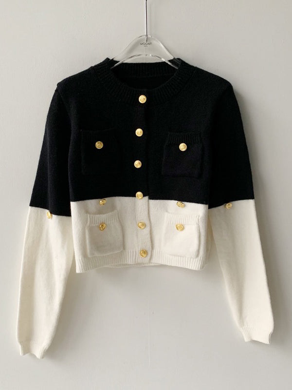 Long Sleeves Buttoned Contrast Color Round-neck Cardigan Tops