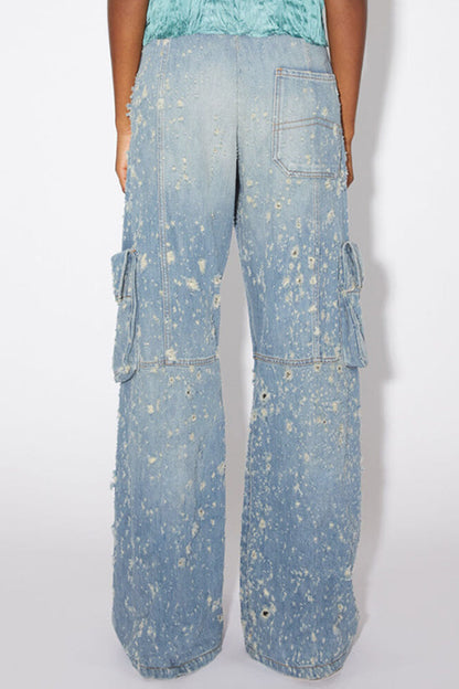 Patchwork Ripped Pocket Zipper Straight Denim Jeans