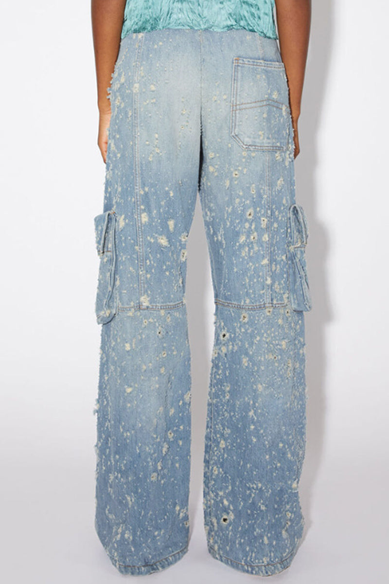 Patchwork Ripped Pocket Zipper Straight Denim Jeans