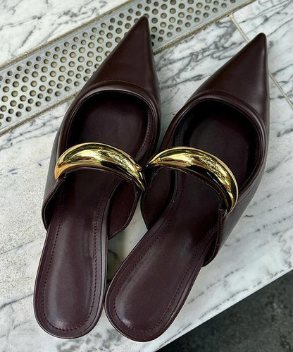 French Chocolate Faux Leather Splicing Slide Sandals Pointed Toe Ap1018