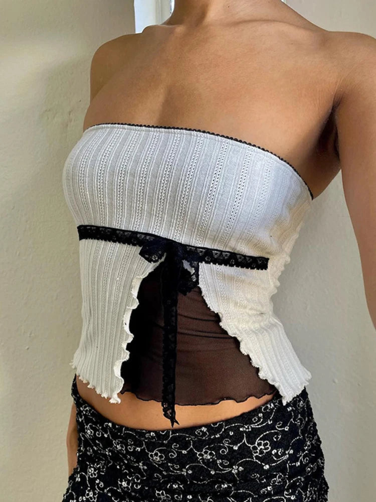 Taruxy Splice Mesh Slim Crop Tops for Sleeveless Off Shoulder Backless Top Bow Bandage Short Tees Femme