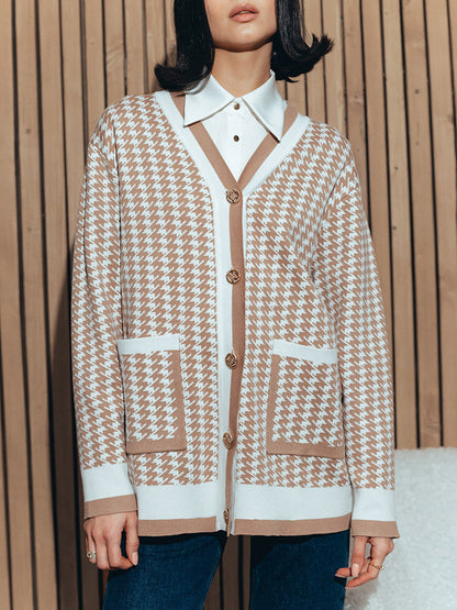 Taruxy Houndstooth Knitted Cardigan Loose Pockets Oversized Sweater Knitwear Cardigans Femme