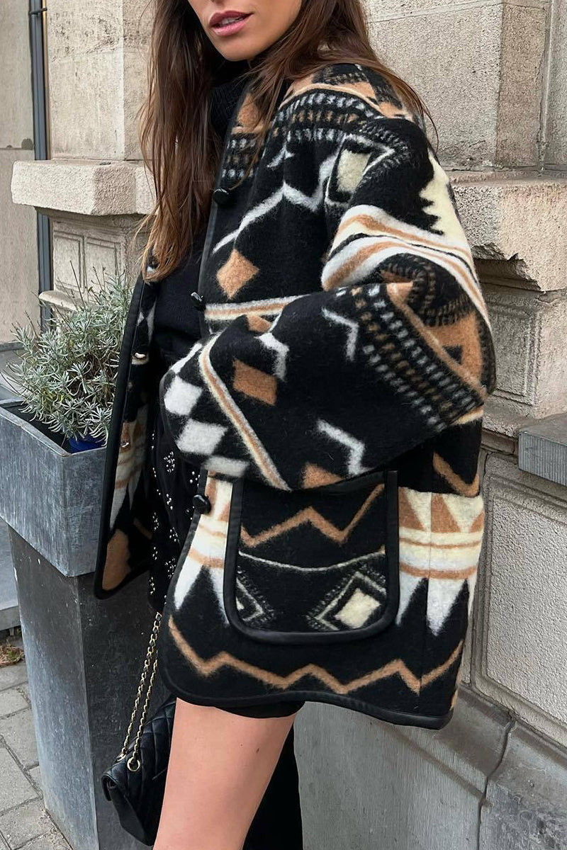 Street Geometric Print Pocket U Neck Outerwear