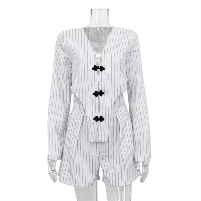 Taruxy Designer ’s Striped Set Oversized Blazer Two Pieces Set for Pullover Long Sleeve Shirt Tops and Shorts