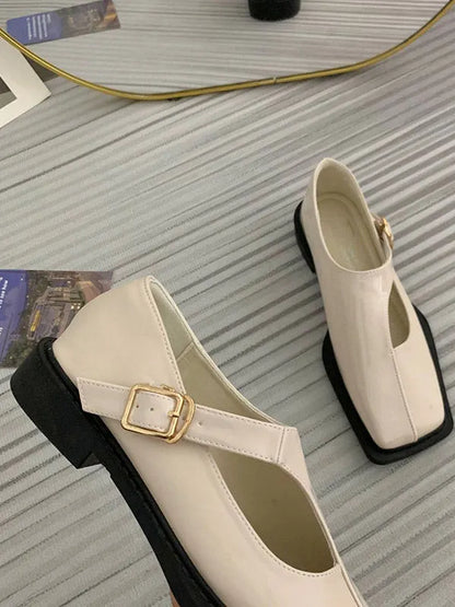 Buckle Hollow Split-joint Square-toe Flat Shoes Loafers