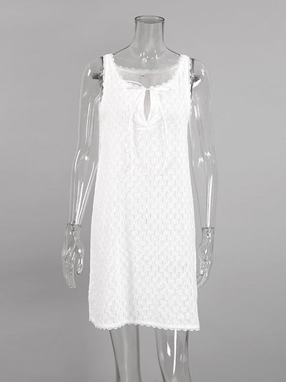 Loose Sleeveless Color Split-side Tied V-neck Mini Dresses
