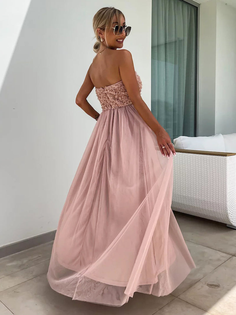 A-line Dress Ruffles Tulle High Slit Off the Shoulder Backless Party Maxi Dresses