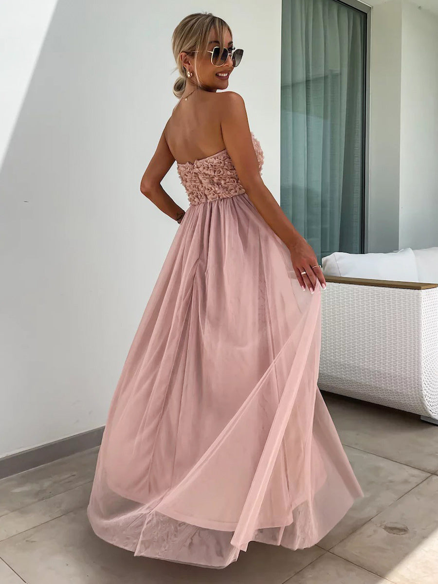 A-line Dress Ruffles Tulle High Slit Off the Shoulder Backless Party Maxi Dresses