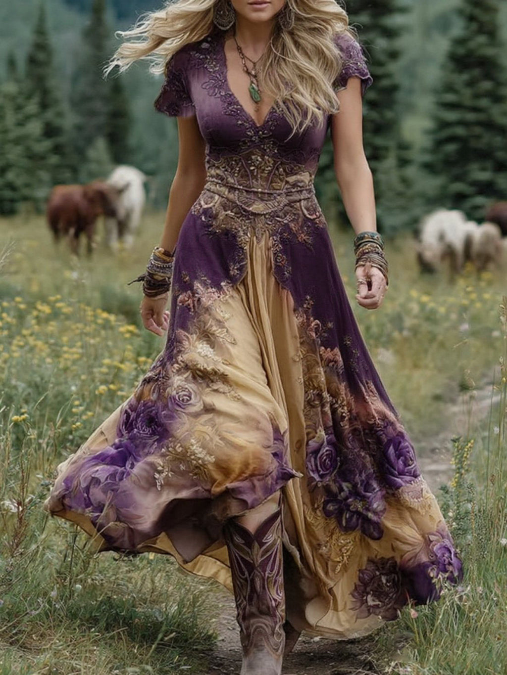 Classy Gradient Purple Lavender And Floral Printed Short Maxi Dress artswardrobe