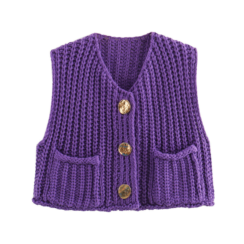 Large Buttons Color Knit Vest Cardigan
