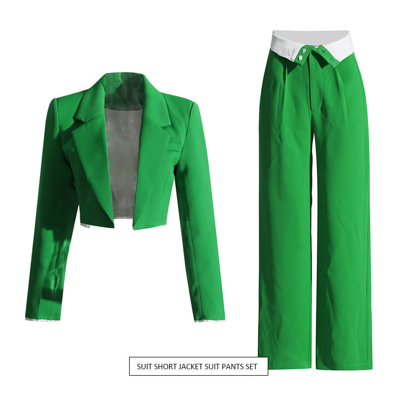 Autumn Short Blazer Flanging High Waist Straight Pants Suit Two Piece Set – Fall Outfit