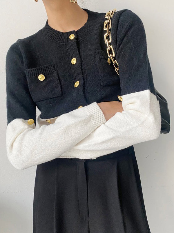 Long Sleeves Buttoned Contrast Color Round-neck Cardigan Tops