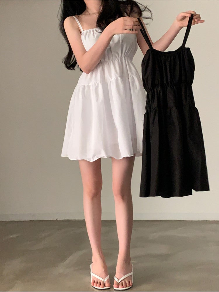 Simple Midi Dress Summer New Chiffon Spaghetti Strap Holiday Beach Style Loose Korean Female Vestidos
