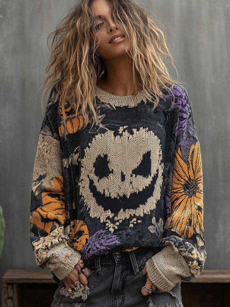 Halloween Pumpkin Face And Plant Flower Pattern Design Women's Round Neck Knit Sweater elevenforest