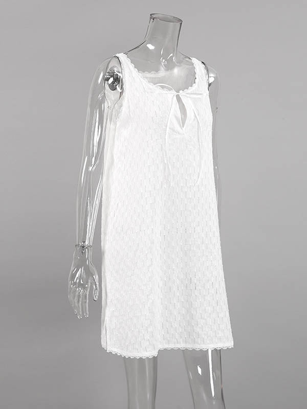 Loose Sleeveless Color Split-side Tied V-neck Mini Dresses