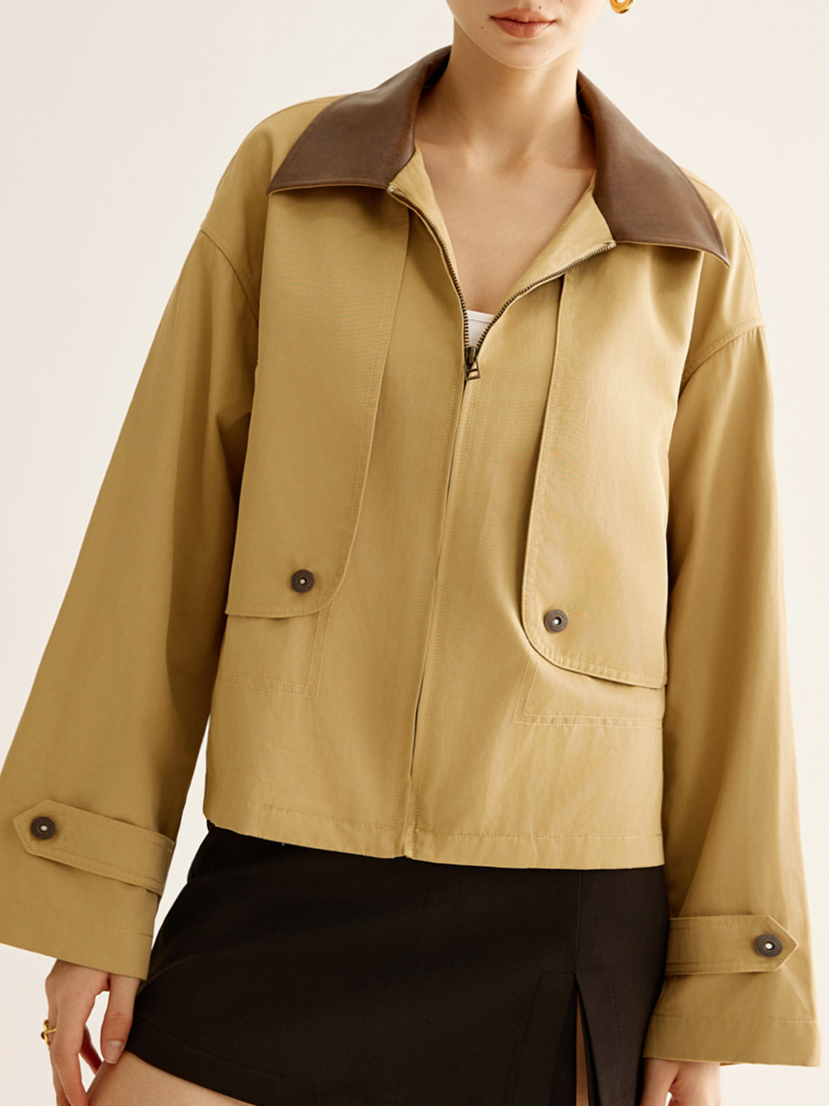 Contrast-collar Zipper Trench Coat