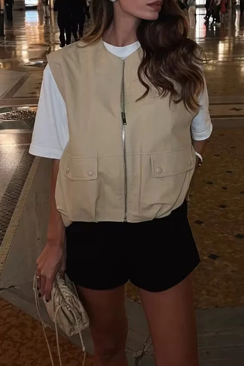 Street Color Pocket Zipper O Neck Waistcoats