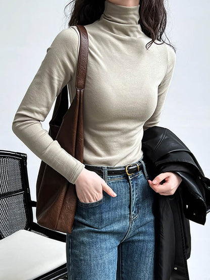 Long Sleeves Skinny Color Split-joint High Neck T-shirts