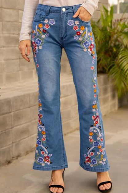 Print Patchwork Boot Cut Denim Jeans