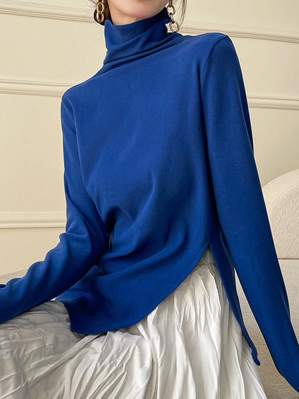 Skinny Long Sleeves Split-side Color High-neck T-shirts Tops