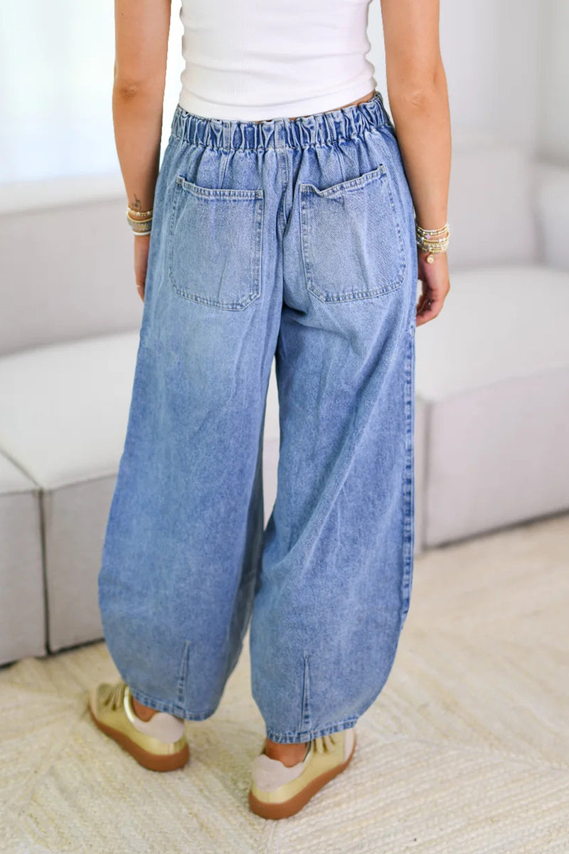 Street Color Draw String Pocket Mid Waist Loose Denim Jeans