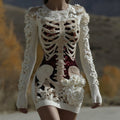 Women's Halloween Skull Anatomy Rose Sequin Art Round Neck Knit Dress artswardrobe