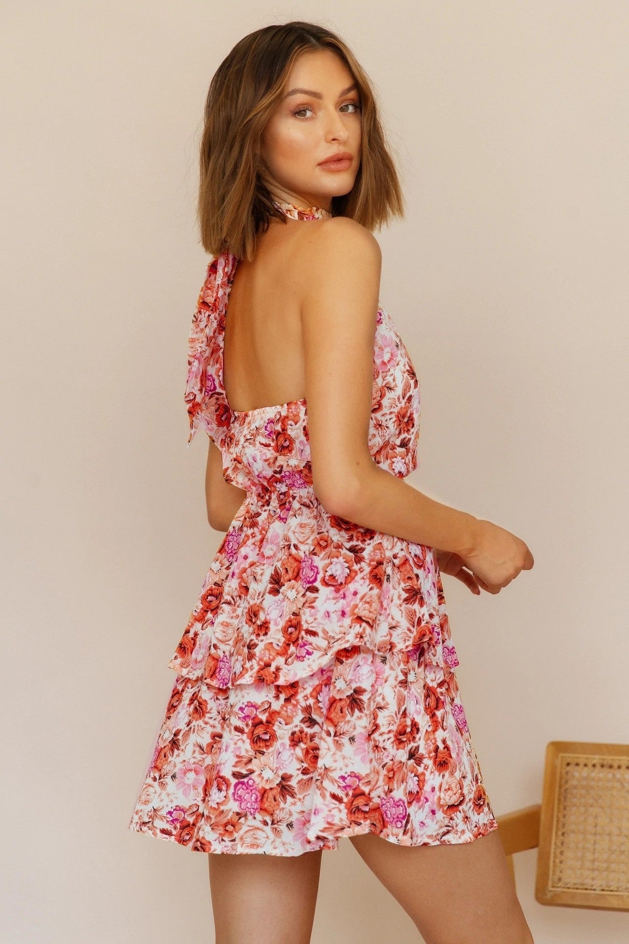 Halter Neck Backless Ruffle Hem Mini Dress