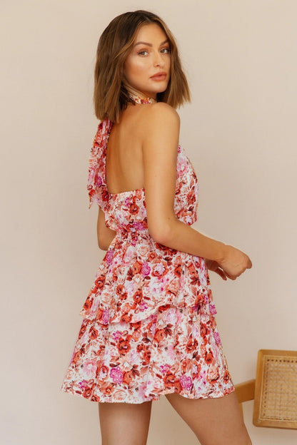 Halter Neck Backless Ruffle Hem Mini Dress
